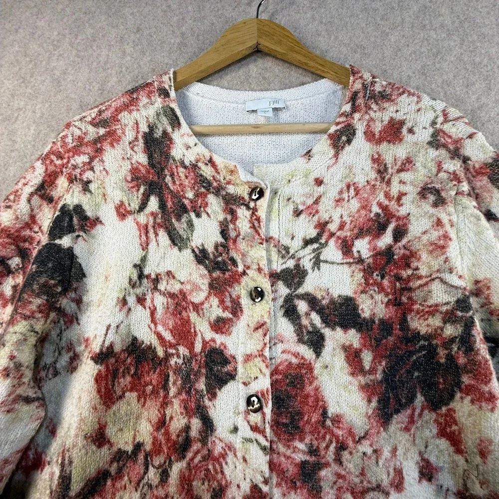 J. Jill Womens Floral Cardigan Sweater Red Cream Button Front‎ Knit Size L